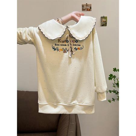 FA46155# 首发彩色点复天鹅绒特大码300斤中长款刺绣娃娃领加绒 服裝批發女裝批發服飾貨源