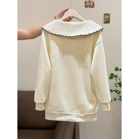 FA46155# 首发彩色点复天鹅绒特大码300斤中长款刺绣娃娃领加绒 服裝批發女裝批發服飾貨源