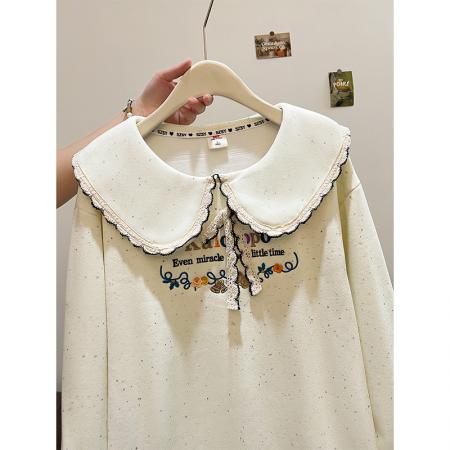 FA46155# 首发彩色点复天鹅绒特大码300斤中长款刺绣娃娃领加绒 服裝批發女裝批發服飾貨源