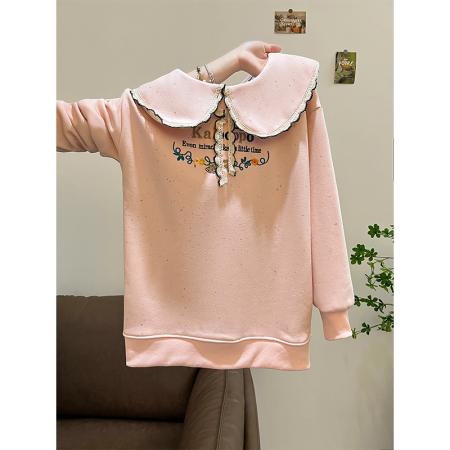 FA46155# 首发彩色点复天鹅绒特大码300斤中长款刺绣娃娃领加绒 服裝批發女裝批發服飾貨源