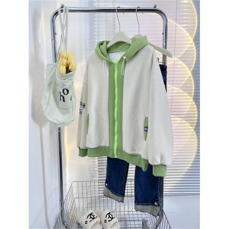 布身米粒绒复合超柔帽子纯棉华棉复合超柔设计感拼接外套 服裝批發女裝批發服飾貨源