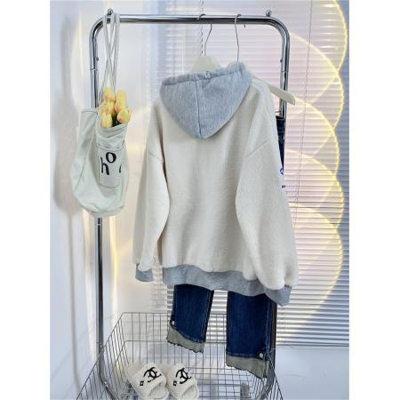 FA46157# 布身米粒绒复合超柔帽子纯棉华棉复合超柔设计感拼接外套 服裝批發女裝批發服飾貨源