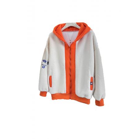 FA46157# 布身米粒绒复合超柔帽子纯棉华棉复合超柔设计感拼接外套 服裝批發女裝批發服飾貨源