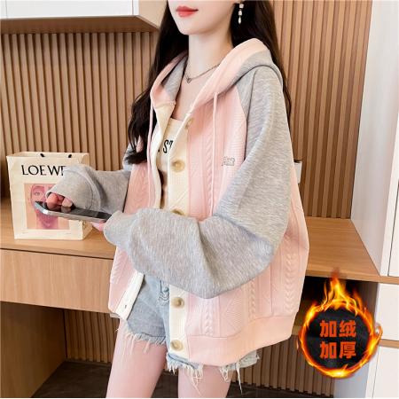 后包领加绒加厚提花复合韩版冬季长袖外套卫衣女设计感上衣 服裝批發女裝批發服飾貨源