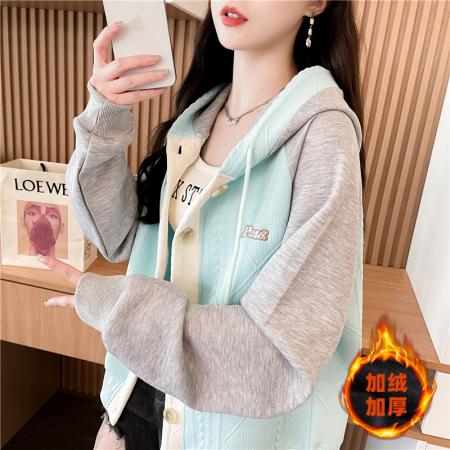 FA46159# 后包领加绒加厚提花复合韩版冬季长袖外套卫衣女设计感上衣 服裝批發女裝批發服飾貨源