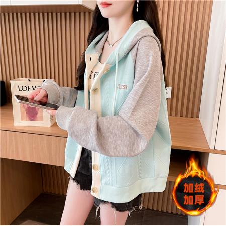 FA46159# 后包领加绒加厚提花复合韩版冬季长袖外套卫衣女设计感上衣 服裝批發女裝批發服飾貨源