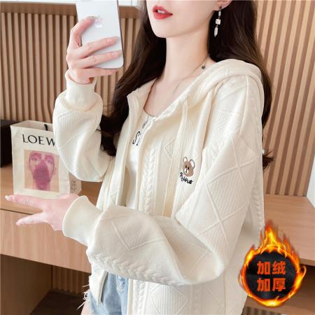 FA46160# 后包领加绒加厚提花复合韩版冬季长袖外套卫衣女设计感上衣 服裝批發女裝批發服飾貨源