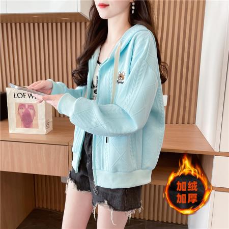 FA46160# 后包领加绒加厚提花复合韩版冬季长袖外套卫衣女设计感上衣 服裝批發女裝批發服飾貨源