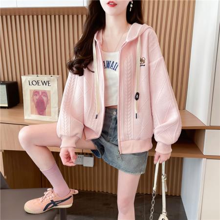 FA46160# 后包领加绒加厚提花复合韩版冬季长袖外套卫衣女设计感上衣 服裝批發女裝批發服飾貨源