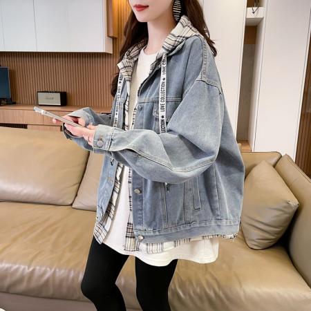 FA46161# 牛仔布春秋新款慵懒风设计感假两件连帽牛仔外套 服裝批發女裝批發服飾貨源