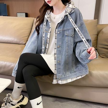 FA46161# 牛仔布春秋新款慵懒风设计感假两件连帽牛仔外套 服裝批發女裝批發服飾貨源