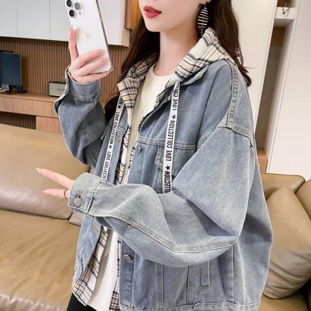 FA46161# 牛仔布春秋新款慵懒风设计感假两件连帽牛仔外套 服裝批發女裝批發服飾貨源