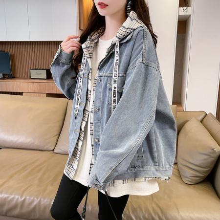 FA46161# 牛仔布春秋新款慵懒风设计感假两件连帽牛仔外套 服裝批發女裝批發服飾貨源