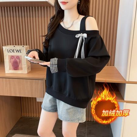 FA46162# 首发露肩上衣仿华棉复合上衣大码学院风宽松加绒加厚卫衣女 服裝批發女裝批發服飾貨源