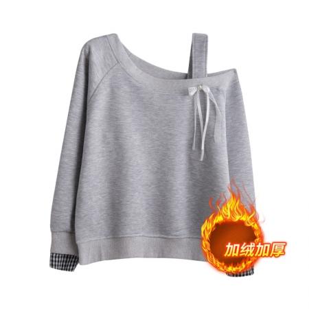 FA46162# 首发露肩上衣仿华棉复合上衣大码学院风宽松加绒加厚卫衣女 服裝批發女裝批發服飾貨源