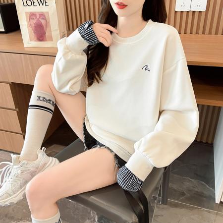 FA46168# 首发假两件后包领仿华棉复合上衣大码学院风复古宽松卫衣女 服裝批發女裝批發服飾貨源