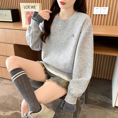 FA46168# 首发假两件后包领仿华棉复合上衣大码学院风复古宽松卫衣女 服裝批發女裝批發服飾貨源