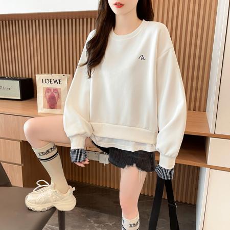 FA46168# 首发假两件后包领仿华棉复合上衣大码学院风复古宽松卫衣女 服裝批發女裝批發服飾貨源