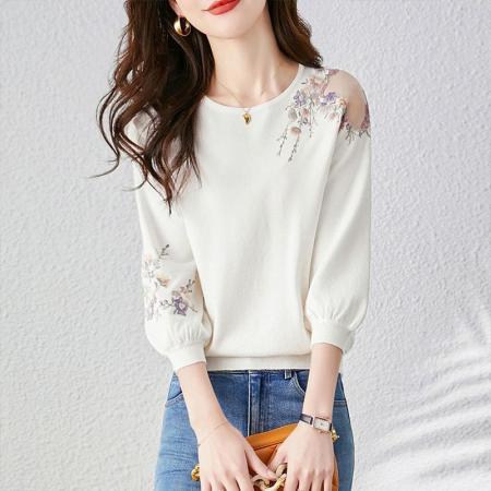 FA46169# 镂空针织衫女秋冬新款设计感甜美小清新花朵显瘦圆领套头上衣 服裝批發女裝批發服飾貨源