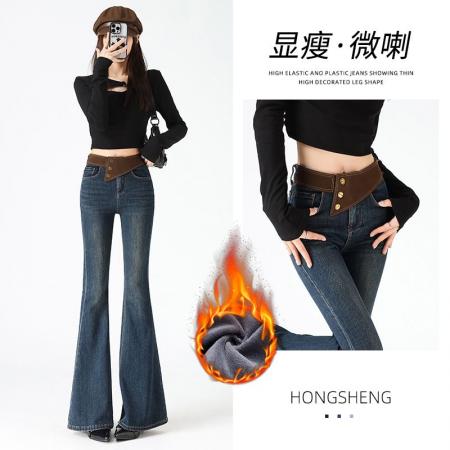 网红微喇牛仔裤女加绒加厚秋冬季新款高腰修身显瘦喇叭裤子 服裝批發女裝批發服飾貨源