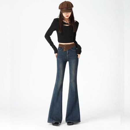 FA46170# 网红微喇牛仔裤女加绒加厚秋冬季新款高腰修身显瘦喇叭裤子 服裝批發女裝批發服飾貨源