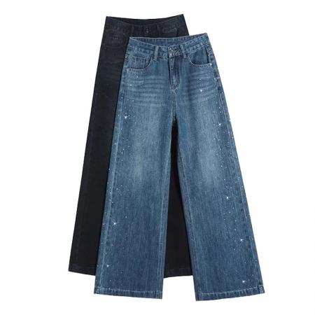 FA46174# 烫钻阔腿牛仔裤女春秋季新款宽松韩版设计感超火喇叭直筒裤子 服裝批發女裝批發服飾貨源