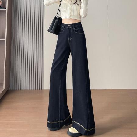FA46175# 加绒超火黑金蓝牛仔裤女秋冬爆款宽版不贴腿阔腿大喇叭弹力裤 服裝批發女裝批發服飾貨源