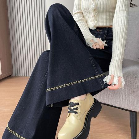 FA46175# 加绒超火黑金蓝牛仔裤女秋冬爆款宽版不贴腿阔腿大喇叭弹力裤 服裝批發女裝批發服飾貨源