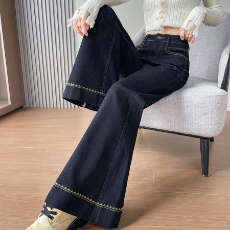 FA46175# 加绒超火黑金蓝牛仔裤女秋冬爆款宽版不贴腿阔腿大喇叭弹力裤 服裝批發女裝批發服飾貨源