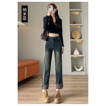 黑色烟管裤女冬装新款高腰显瘦撞色卷边直筒加绒牛仔法棍裤 服裝批發女裝批發服飾貨源