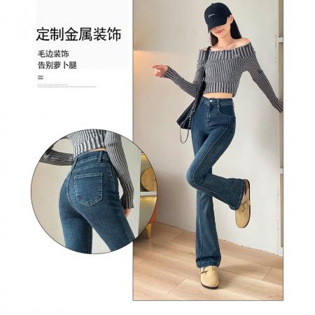 FA46177# 高腰微喇牛仔裤女秋冬季新款加绒弹力显瘦小个子喇叭拖地裤子 服裝批發女裝批發服飾貨源
