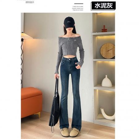FA46177# 高腰微喇牛仔裤女秋冬季新款加绒弹力显瘦小个子喇叭拖地裤子 服裝批發女裝批發服飾貨源