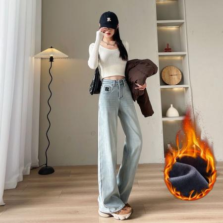 FA46178# 刺绣牛仔阔腿裤女秋高腰弹力梨型身材显瘦休闲垂感窄版直筒裤 服裝批發女裝批發服飾貨源