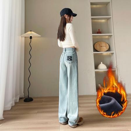 FA46178# 刺绣牛仔阔腿裤女秋高腰弹力梨型身材显瘦休闲垂感窄版直筒裤 服裝批發女裝批發服飾貨源