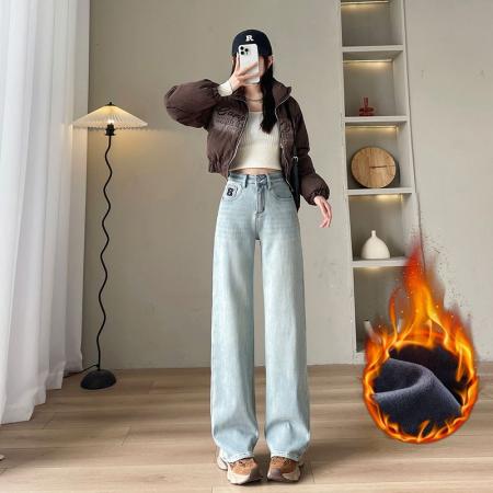 FA46178# 刺绣牛仔阔腿裤女秋高腰弹力梨型身材显瘦休闲垂感窄版直筒裤 服裝批發女裝批發服飾貨源