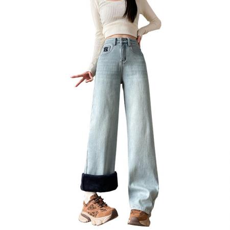 FA46178# 刺绣牛仔阔腿裤女秋高腰弹力梨型身材显瘦休闲垂感窄版直筒裤 服裝批發女裝批發服飾貨源