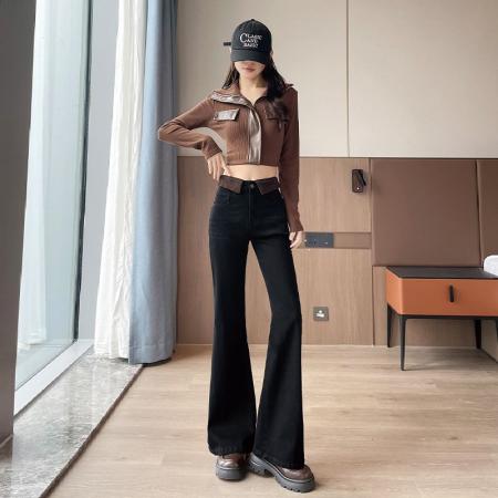 FA46179# 黑灰色微喇牛仔裤女秋季高腰翻边修身显瘦小个子喇叭裤子新款 服裝批發女裝批發服飾貨源