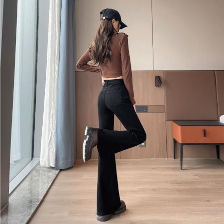 FA46179# 黑灰色微喇牛仔裤女秋季高腰翻边修身显瘦小个子喇叭裤子新款 服裝批發女裝批發服飾貨源