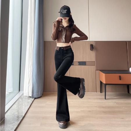 FA46179# 黑灰色微喇牛仔裤女秋季高腰翻边修身显瘦小个子喇叭裤子新款 服裝批發女裝批發服飾貨源