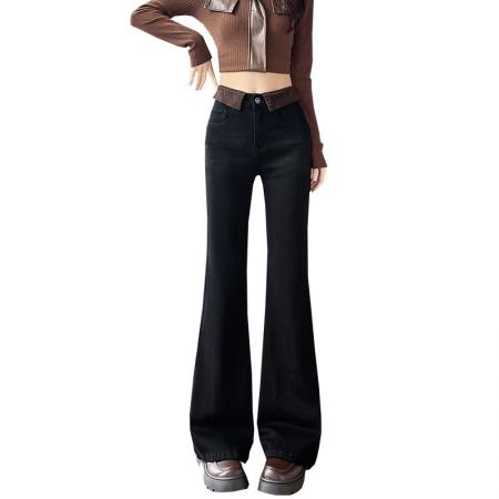 FA46179# 黑灰色微喇牛仔裤女秋季高腰翻边修身显瘦小个子喇叭裤子新款 服裝批發女裝批發服飾貨源