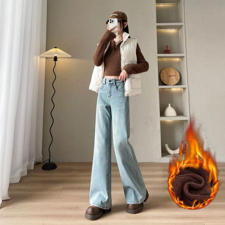 FA46180# 刺绣牛仔阔腿裤女秋高腰弹力梨型身材显瘦休闲垂感窄版直筒裤 服裝批發女裝批發服飾貨源