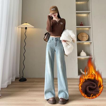 FA46180# 刺绣牛仔阔腿裤女秋高腰弹力梨型身材显瘦休闲垂感窄版直筒裤 服裝批發女裝批發服飾貨源