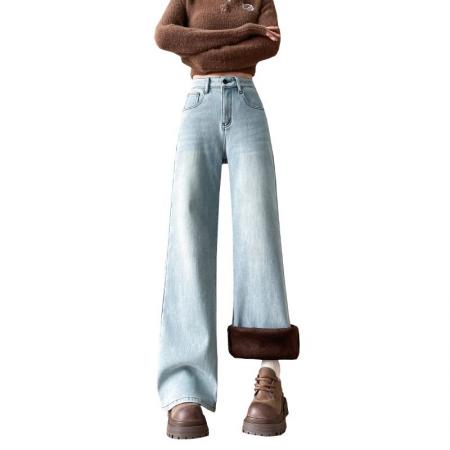 FA46180# 刺绣牛仔阔腿裤女秋高腰弹力梨型身材显瘦休闲垂感窄版直筒裤 服裝批發女裝批發服飾貨源