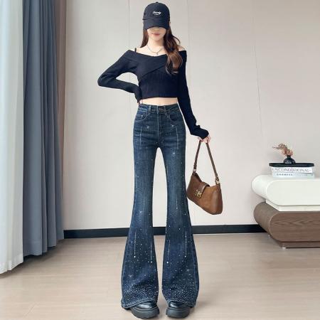 FA46181# 闪钻紧身辣妹微喇牛仔裤女冬季新款爆款满天流星设计感喇叭裤 服裝批發女裝批發服飾貨源