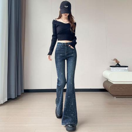 FA46181# 闪钻紧身辣妹微喇牛仔裤女冬季新款爆款满天流星设计感喇叭裤 服裝批發女裝批發服飾貨源