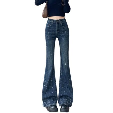 FA46181# 闪钻紧身辣妹微喇牛仔裤女冬季新款爆款满天流星设计感喇叭裤 服裝批發女裝批發服飾貨源