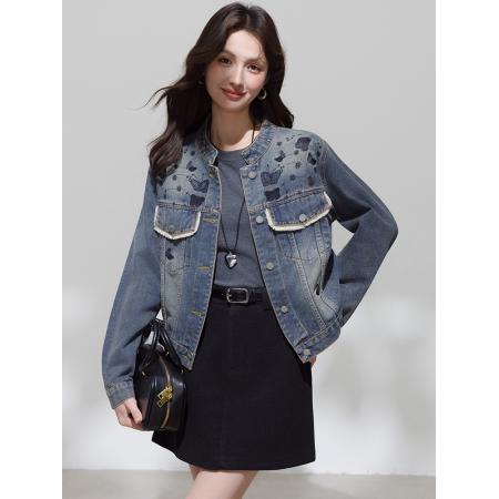 FA46182# 提花设计感复古牛仔外套女春秋季小个子短款印花上衣夹克 服裝批發女裝批發服飾貨源