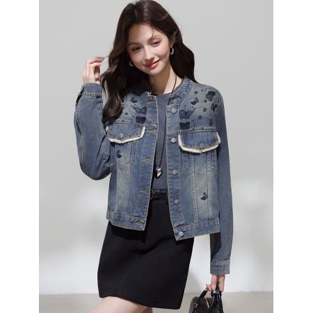 FA46182# 提花设计感复古牛仔外套女春秋季小个子短款印花上衣夹克 服裝批發女裝批發服飾貨源