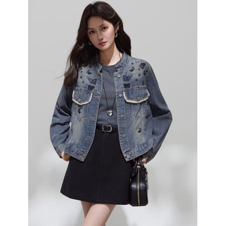 FA46182# 提花设计感复古牛仔外套女春秋季小个子短款印花上衣夹克 服裝批發女裝批發服飾貨源