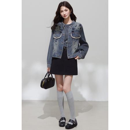 FA46182# 提花设计感复古牛仔外套女春秋季小个子短款印花上衣夹克 服裝批發女裝批發服飾貨源